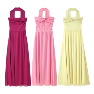 Mesh strapless maxi dress with draped ribbon details in fuchsia, pink and pale yellow