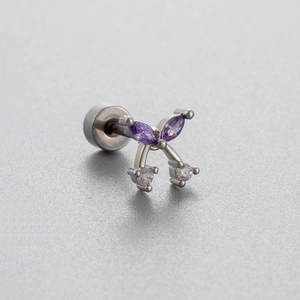 Elegant butterfly titanium steel stud earring with purple and clear zircon stones
