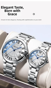 Macro detail of Chenxi couple watches with roman numerals and blue hands on white dial
