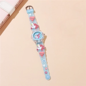 Close-up of kids light-up watch with 3D unicorn and hot air balloon silicone strap