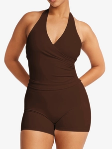 Women's 2-piece deep brown halter top and high waist sports shorts yoga set set