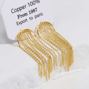 Detailed macro view of 18K gold plated copper tassel earrings on a white stone base