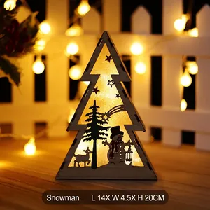 Wooden Christmas tree light with warm LED silhouettes of snowman and reindeer, 14x20cm
