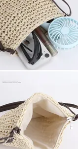 Detail view of woven straw tote bag interior showing zipper pocket and storage capacity