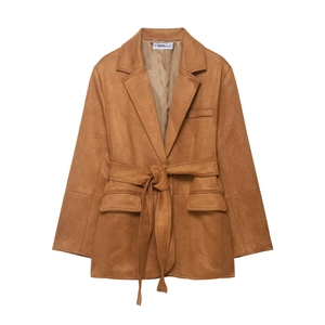 Faux Suede Blazer Jacket For Women Long Sleeve Belted Notch Lapel Casual Office Outerwear With Pockets