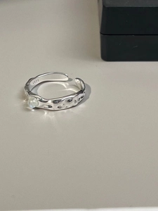 S925 sterling silver moonstone ring with irregular lava texture and open adjustable band