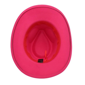 Detail view of pink felt hat interior with red sweatband and adjustable drawstring