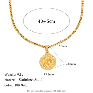 18K gold plated stainless steel sun and moon pendant necklace on a 40cm cylinder chain