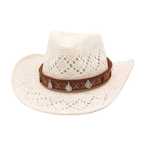 Women Retro Cowboy Straw Hat Hollow Breathable Sun Shade Beach Bohemian Ethnic Band Metal Coins
