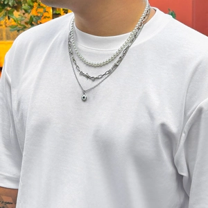Three-layer men's hip-hop necklace set with pearls, thorn chain, and evil eye pendant