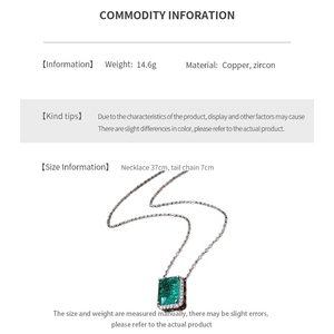 Detailed spec sheet showing emerald zircon necklace weight 14.6g and size 37cm length
