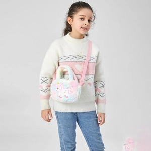 Borsa a tracolla unicorno in peluche per bambine con pelliccia sintetica sfumata