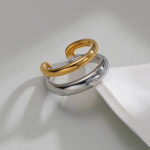 Bague ouverte double couche bicolore or et argent minimaliste avec finition miroir polie