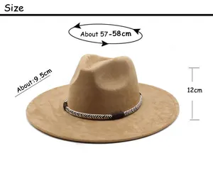 Detailed size chart for the camel suede fedora showing brim and height measurements