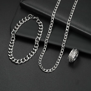 Set gioielli da uomo in acciaio al titanio con collana, bracciale e anello a catena cubana