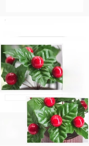 Macro detail of artificial red berries and green leaves with textured resin surface