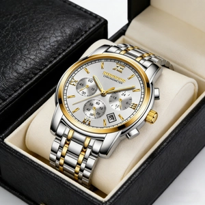 Detailed close-up of an elegant silver and gold men's watch in a premium black gift box