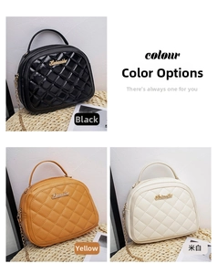 Detailed views of quilted chain handbags in black, yellow, and cream white options