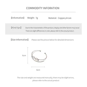 Tableau détaillé des tailles du bracelet double couche en laiton et zircon de 6x6cm