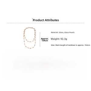 Detail of 154cm long glass pearl necklace with material specifications and weight info