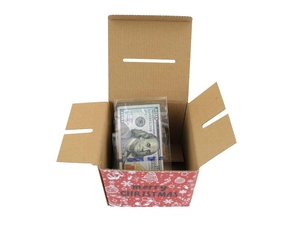 Detail of red Christmas corrugated cardboard money box with snowflake and reindeer prints