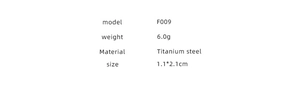 Detailed specs for gold-plated titanium steel earrings, model F009 weighing 6.0g