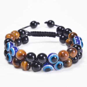 Bracciale a doppio strato con occhio di tigre 8mm e occhio greco con cordino nero