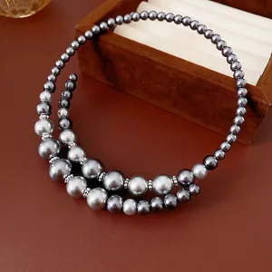 French retro double-layer gradient pearl necklace with textured silver metal accents
