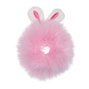 Close-up of pink plush scrunchie featuring cute bunny ears on a clean white background