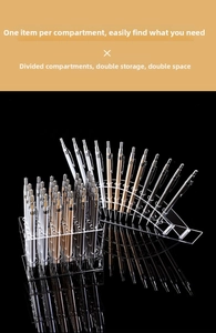 Macro shot of transparent acrylic multi-slot display rack for pens and eyebrow pencils