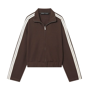 Brown long sleeve zip-up hoodie with white stripes and matching pants set for women