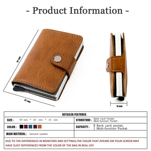 Detailed technical view of the RFID leather wallet showing internal 97x67x15mm dimensions