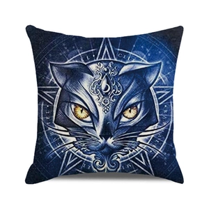 Halloween pillowcase featuring a mystical black cat and magic circle on dark blue fabric