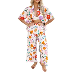 Bohemian geometric contrast two-piece set with short sleeve shirt and wide leg pants