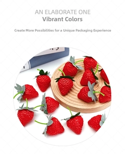 Realistic artificial red strawberries with green leaves on a spiral wooden tray
