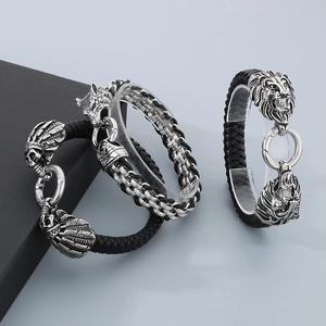 Men's Viking skull and lion head braided leather bracelets with stainless steel clasps