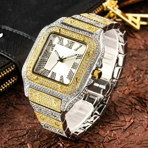 Luxury square iced-out quartz watch with roman numerals and silver-gold tone band