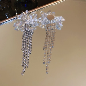 Detail view of silver flower earrings with crystal tassels and sparkling rhinestone fringe