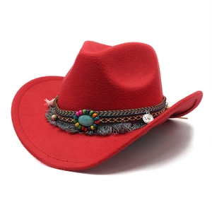 Red wool felt western cowboy hat with ethnic beaded band and turquoise stone accent