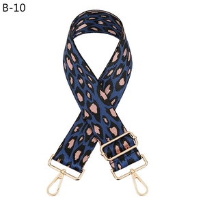 Close-up of blue and pink leopard print bag strap with adjustable gold buckles