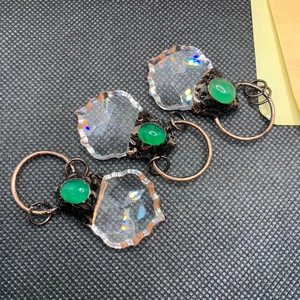 Vintage bronze maple leaf pendant with faceted crystal and green agate gemstone