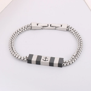 Bracciale a doppio strato in acciaio inossidabile con ciondolo ancora in argento e nero