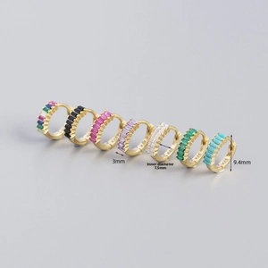 Detailed view of S925 silver gold-plated hoop earrings with various colorful zircon stones