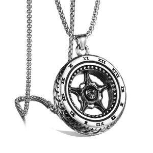Polished silver stainless steel necklace with a Roman numeral tire wheel hub pendant