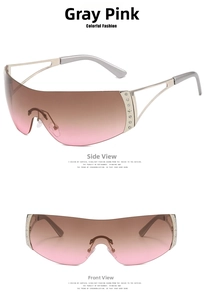 Detailansicht der Y2K randlose Sonnenbrille mit rosa Verlaufsgläsern und Strasssteinen
