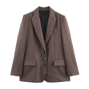Blazer Et Pantalon En Polyester Couleur Unie Pour Femmes Détail Bouton Dos Col Revers Manches Longues Mode Casual