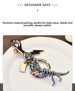 Macro view of dinosaur skeleton keychain featuring iridescent rainbow electroplating finish
