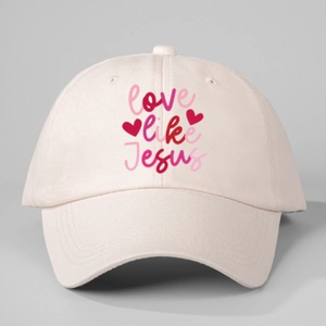 Beige cotton baseball cap with Love Like Jesus pink art text and red heart print