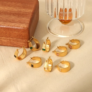 Hoop Earrings Stainless Steel 18K Gold Plated Ridged Texture Rectangular Zircon Inlaid Vintage Fashion Jewelry For Women
