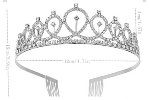 Detailed size chart for silver crystal birthday crown with height and diameter specs
